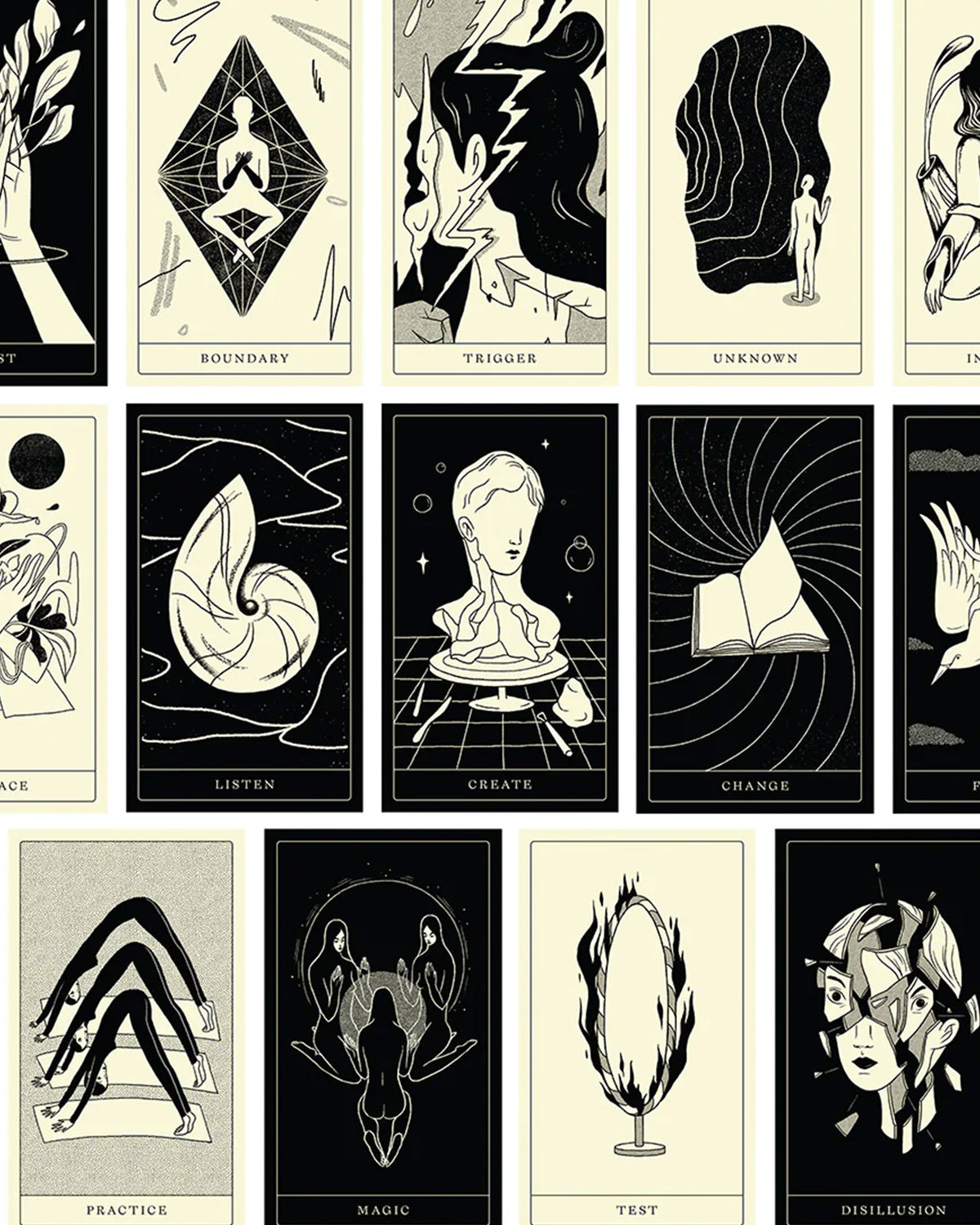A selection of illustrated cards from the Poesis Oracle Card Deck.