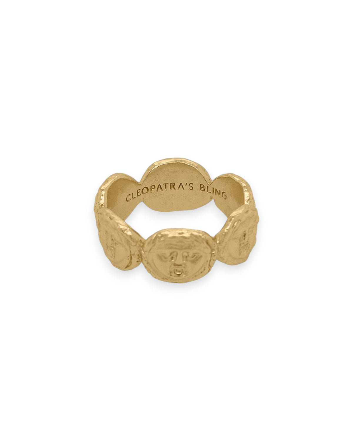 Gold ring with round faces side by side on a solid white background, the inscription shown on the inside back of the ring is the brand&