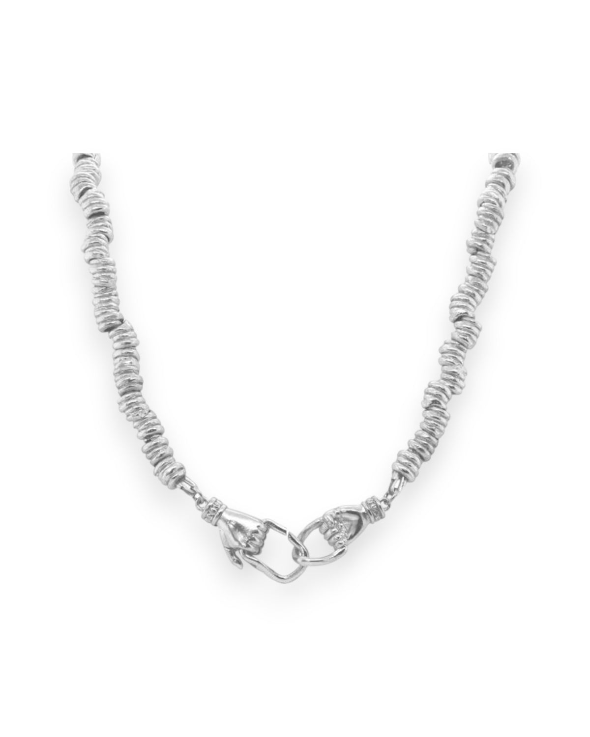 A silver beaded necklace with linking hands as clasps on a white background.