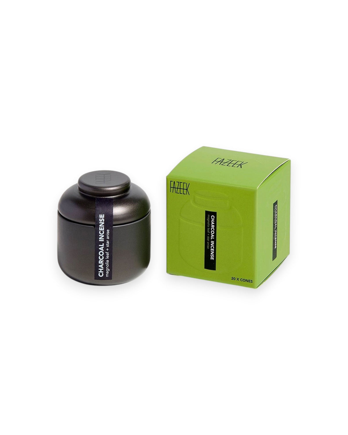 Product shot showing a charcoal-coloured tin canister alongside its cardboard box packaging. Both the tin canister and green box are labelled "CHARCOAL INCENSE magnolia leaf and star anise".