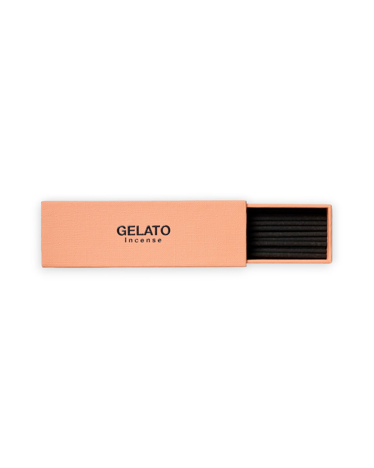 A peach-colored rectangular box of GELATO Incense, partially open to reveal black incense sticks inside, set against a plain white background.