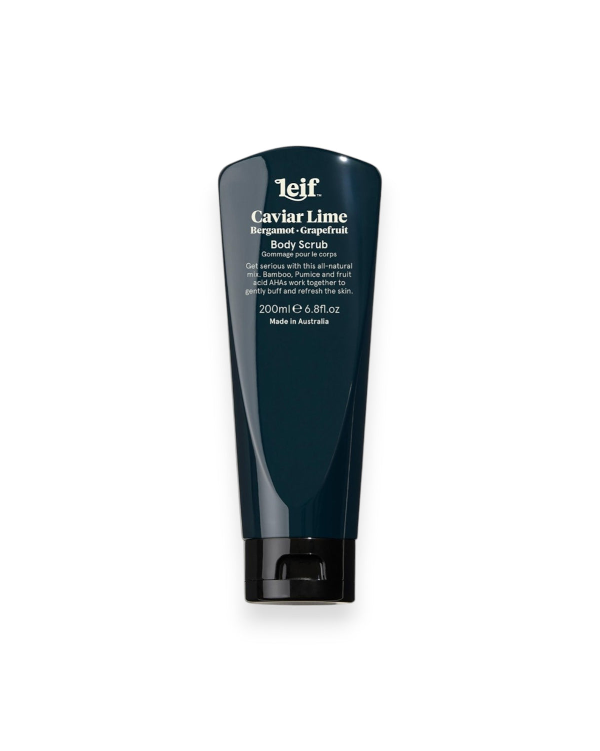 A 200ml squeeze tube of Leif Caviar Lime Body Scrub, featuring a navy blue body with white text and a black cap, set against a plain white background.