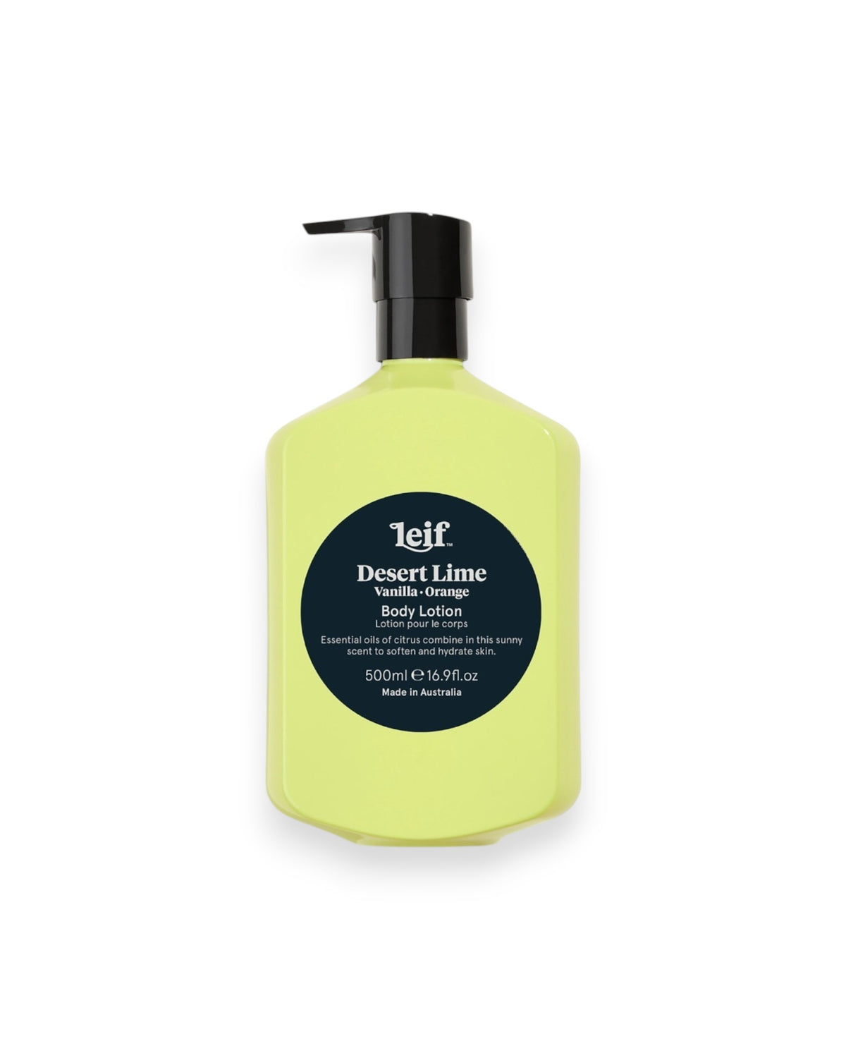 A 500ml pump bottle of Leif Desert Lime Body Lotion, featuring a bright yellow bottle, a black pump dispenser, and a black circular label with white text, set against a plain white background.