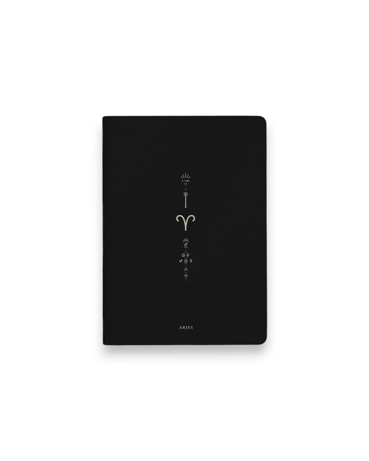 A black hardcover notebook with gold foil lettering and the Aries zodiac symbol on the front cover, centered against a plain white background.