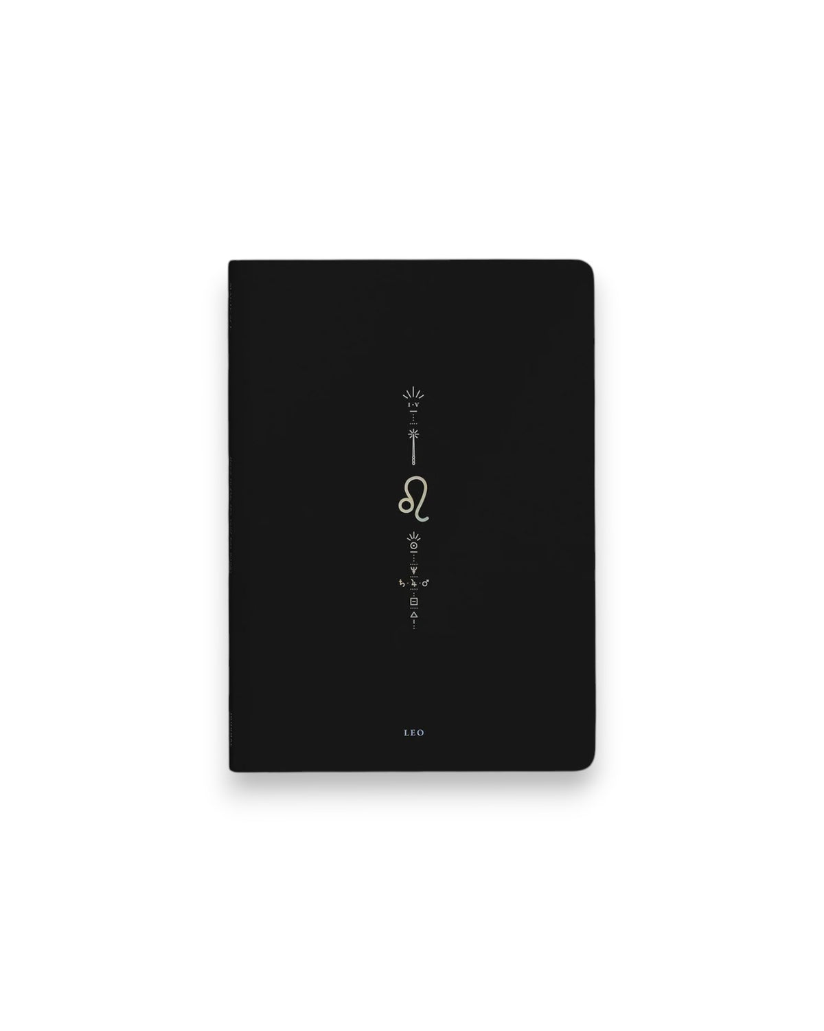 A black hardcover notebook featuring the Leo zodiac sign and its chart symbols printed in metallic on the front cover, set against a clean white background.