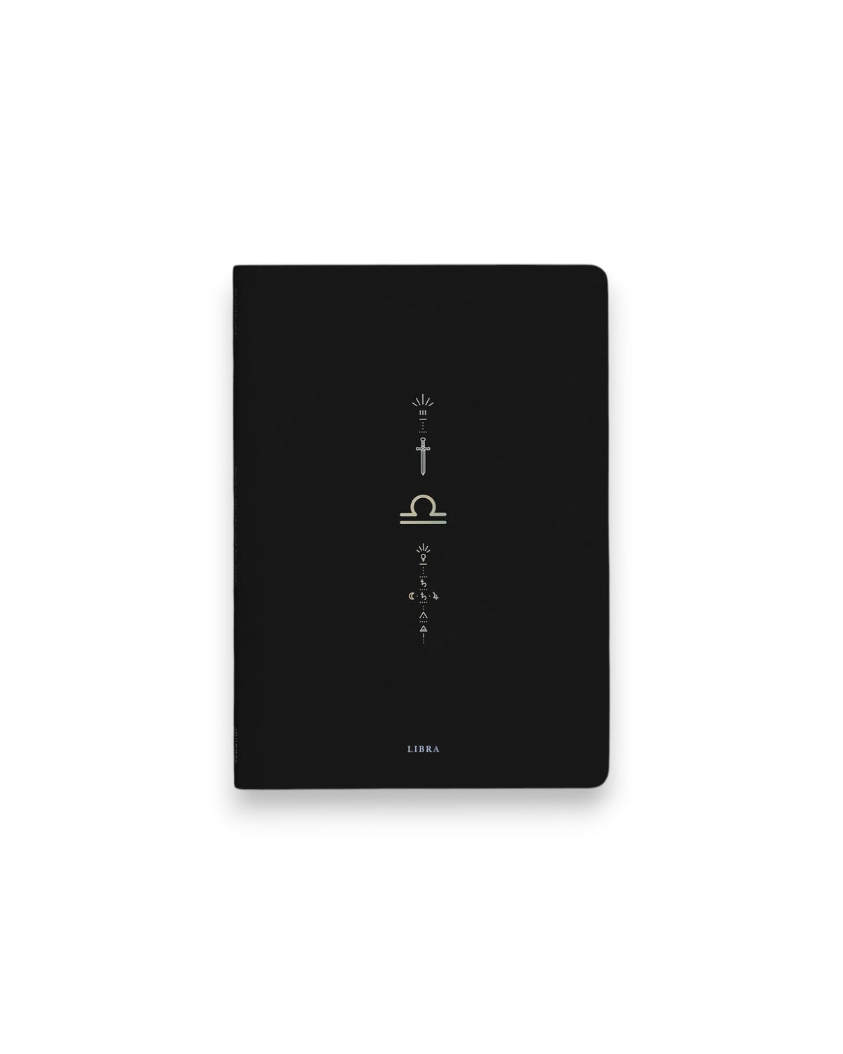 A black hardcover notebook featuring the Libra zodiac sign and its chart symbols printed in metallic on the front cover, set against a clean white background.