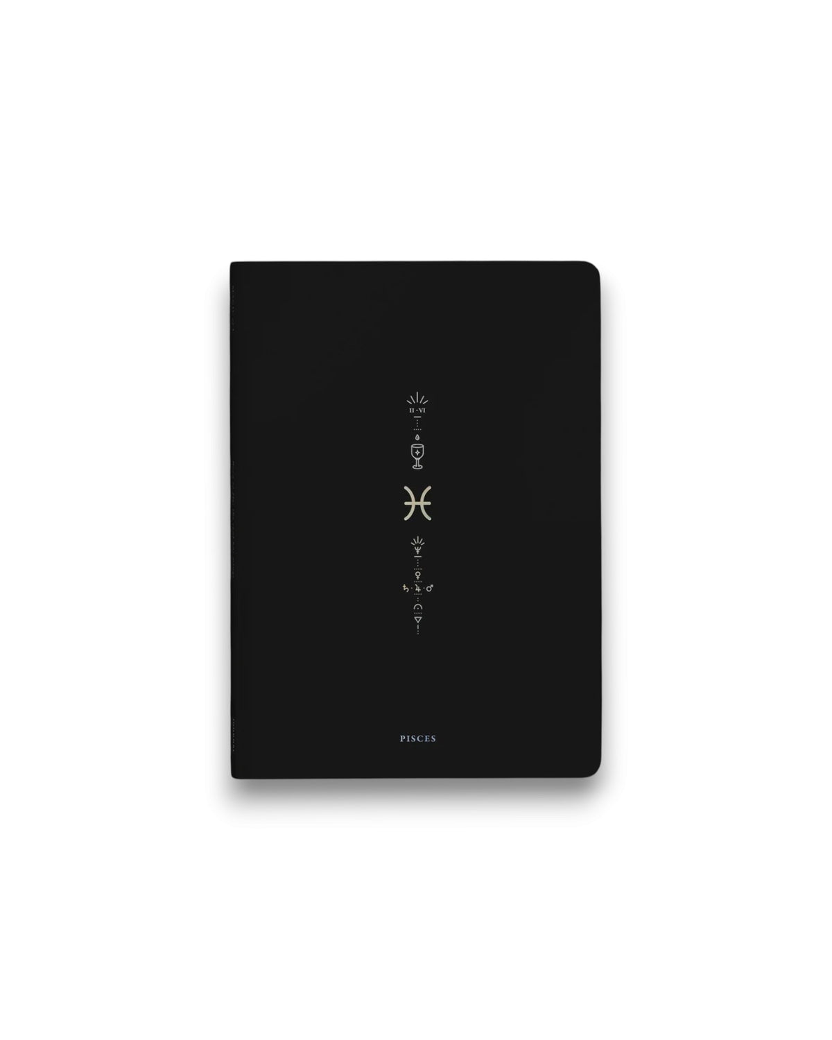 A black hardcover notebook featuring the Pisces zodiac sign and its chart symbols printed in metallic on the front cover, set against a clean white background.