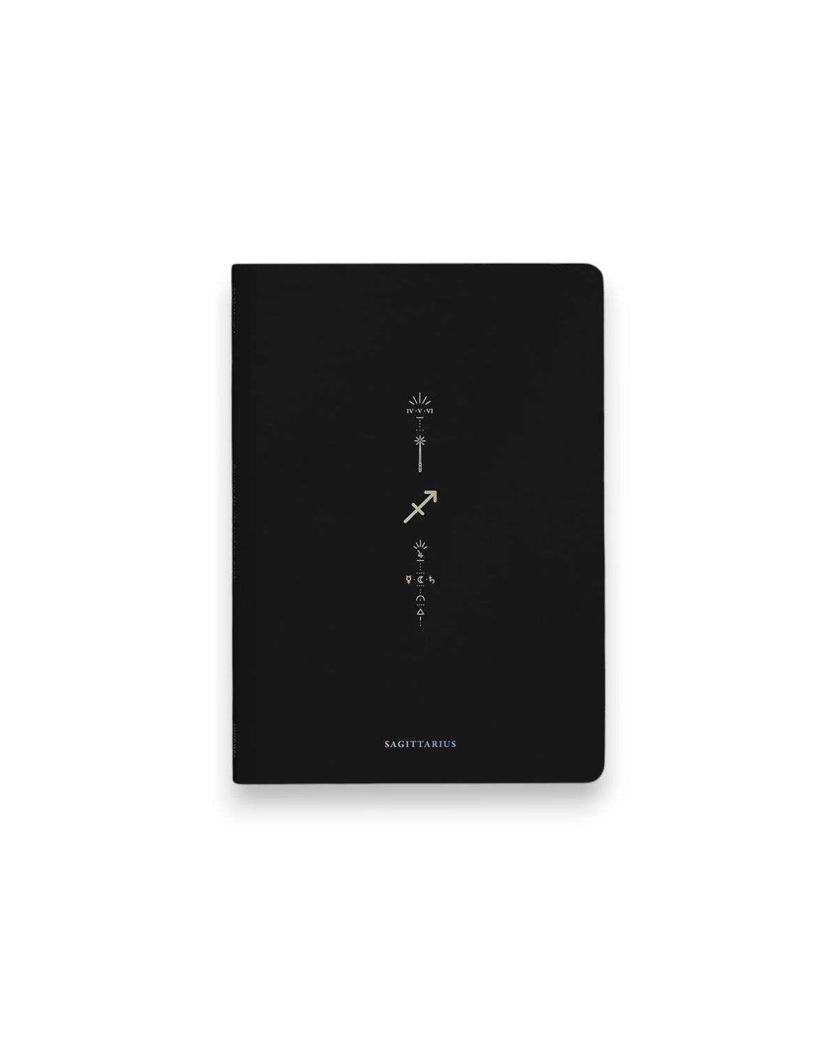 A black hardcover notebook featuring the Sagittarius zodiac sign and its chart symbols printed in metallic on the front cover, set against a clean white background.