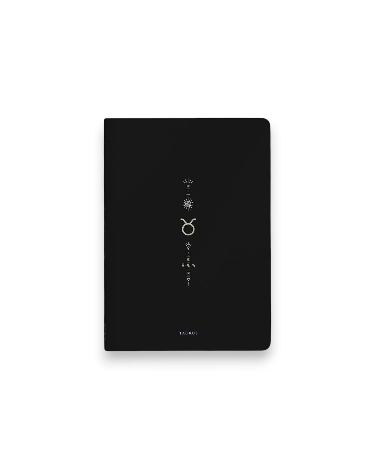 A black hardcover notebook featuring the Taurus zodiac sign and its chart symbols printed in metallic on the front cover, set against a clean white background.