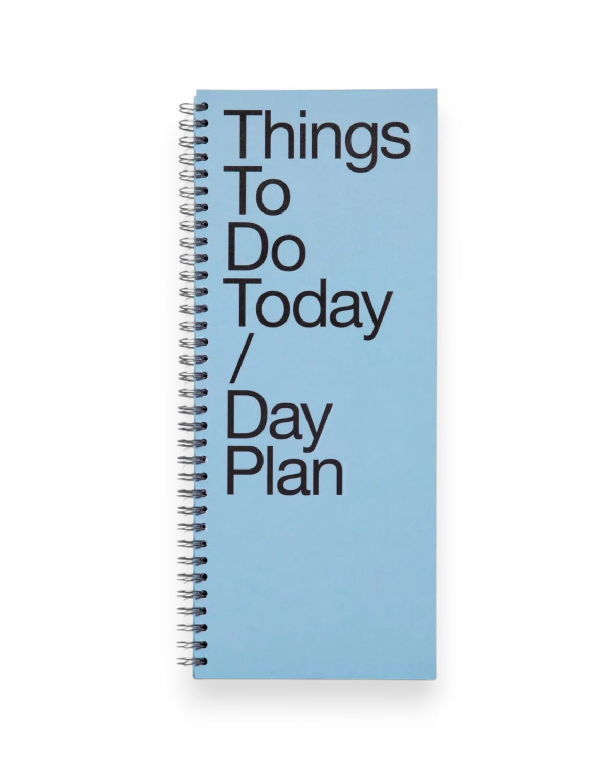 Tall, rectangular, blue ring-bound notebook with large, bold black letters which read Things To Do Today / Day Plan on a solid white background.