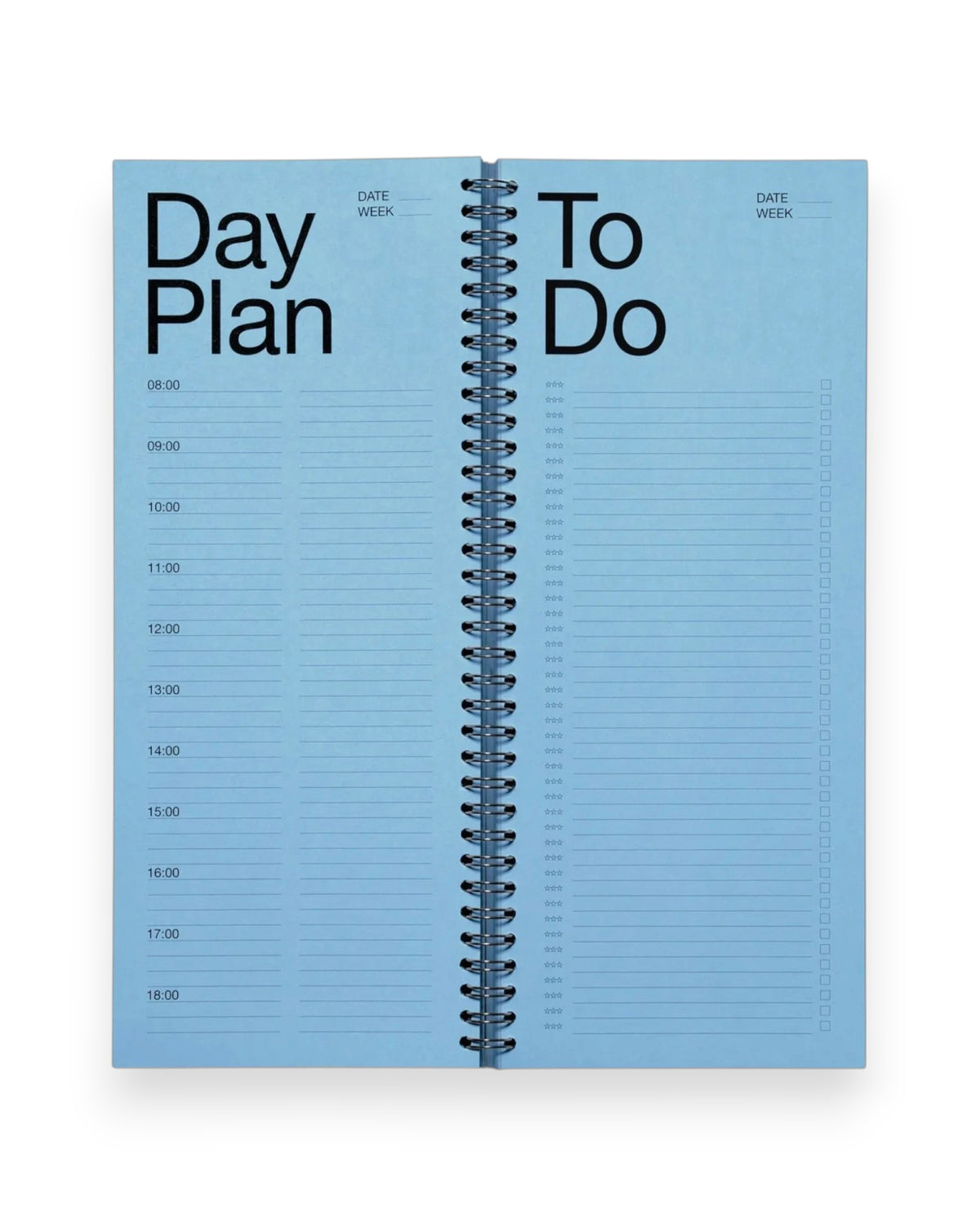 An open spread of a tall, rectangular ring-bound day planner with blue pages set on a solid white background.