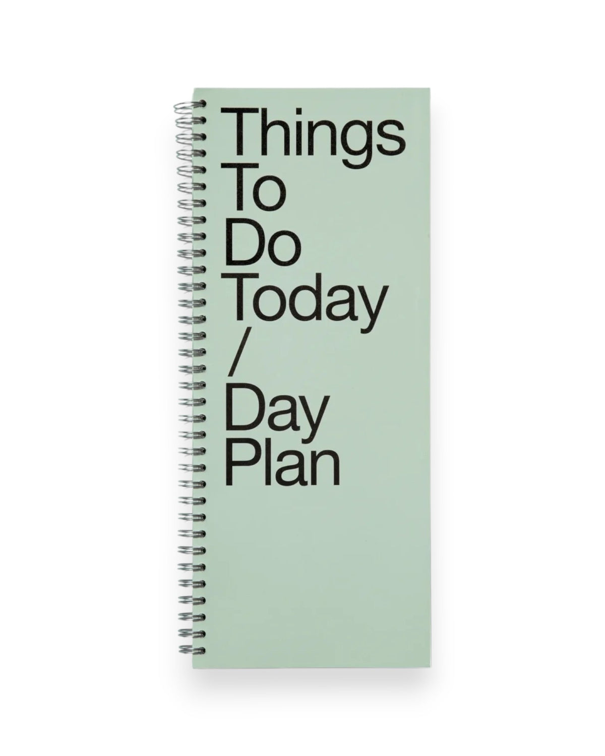 Tall, rectangular, light green ring-bound notebook with large, bold black letters which read Things To Do Today / Day Plan on a solid white background.