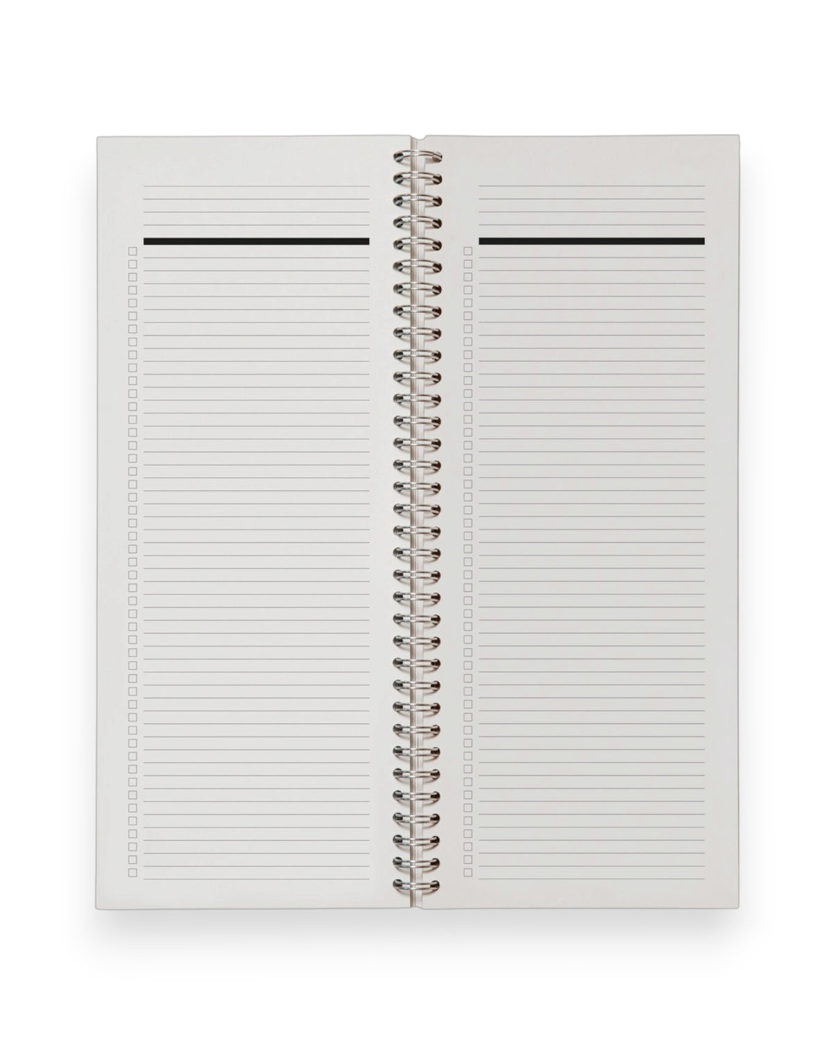 An open spread of a tall ledger style, lined notebook with wire binding. Set on a solid white background.