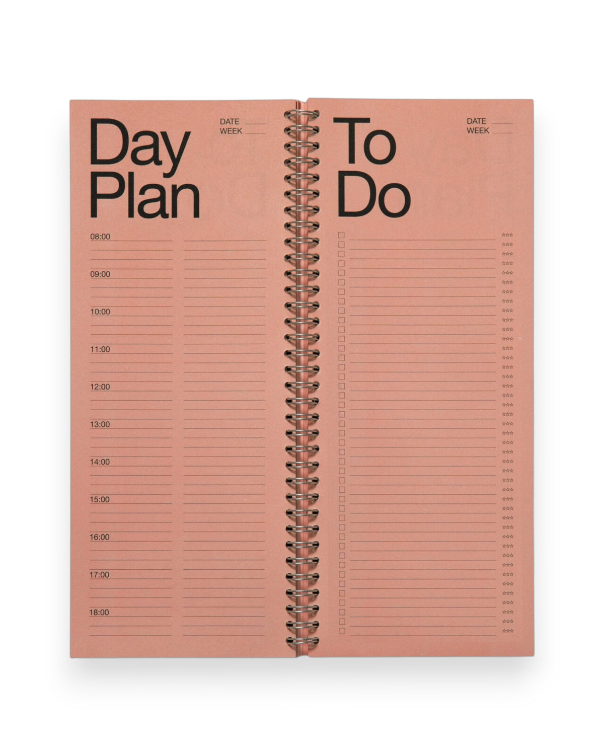 An open spread of a tall, rectangular ring-bound planner with pink pages. Set on a solid white background.