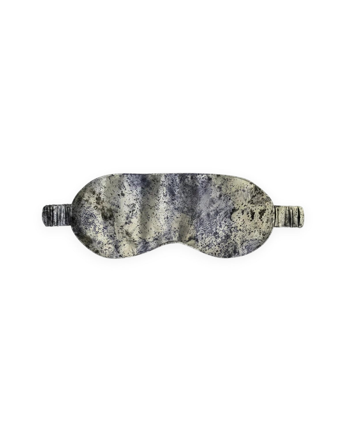 A silk eye mask with a marbled pattern in cream, beige, and dark purple, shown against a plain white background.
