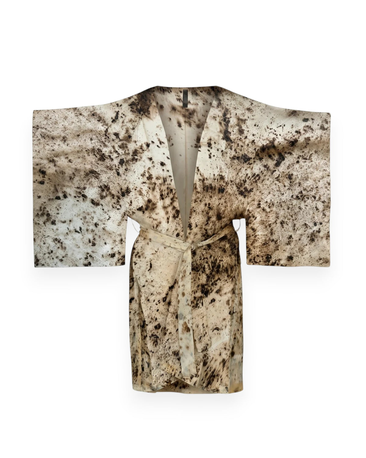 A brown and cream abstract coloured silk kimono style robe against white background.