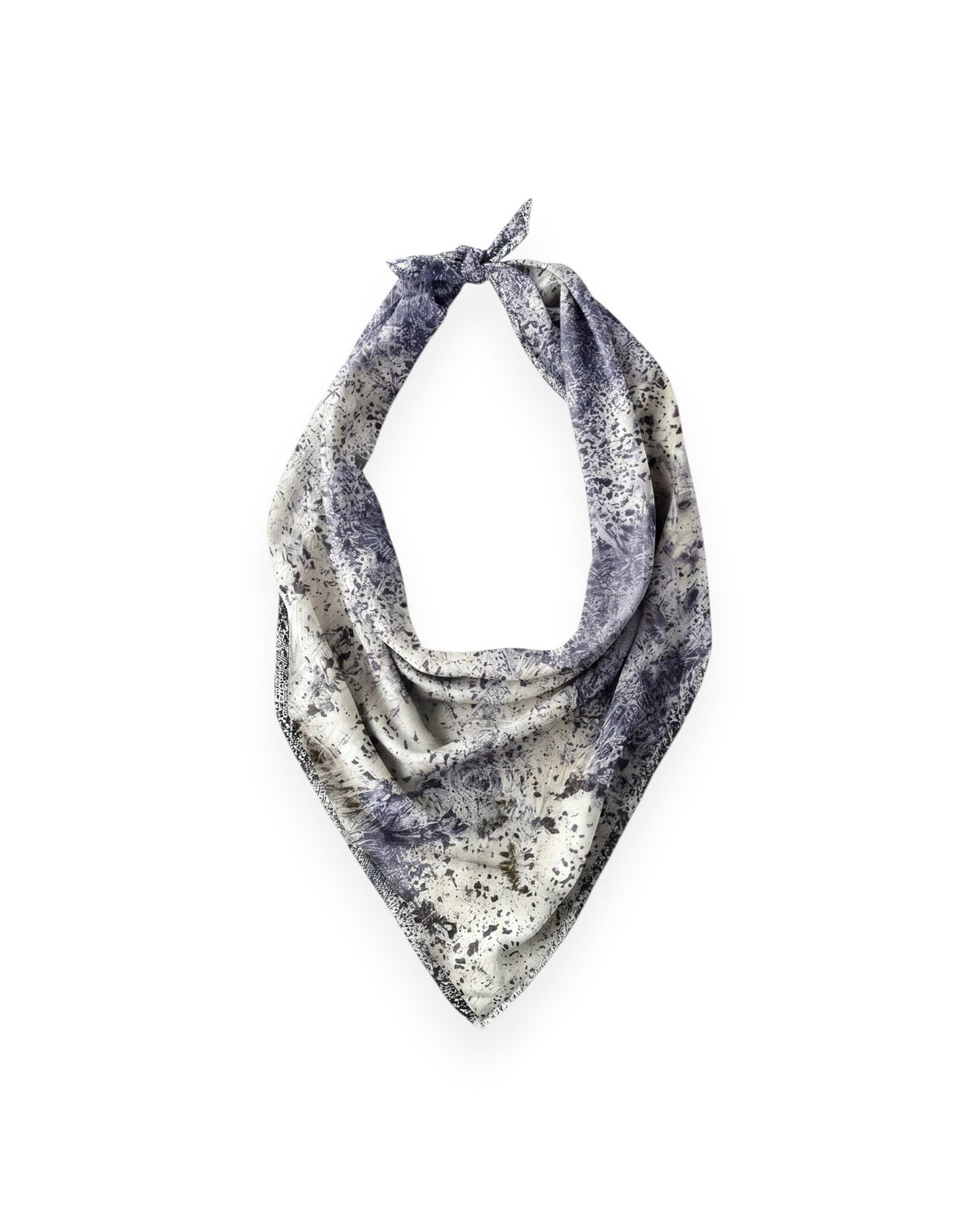 A blue and cream mottled silk scarf tied as a traditional neck scarf on solid white background.