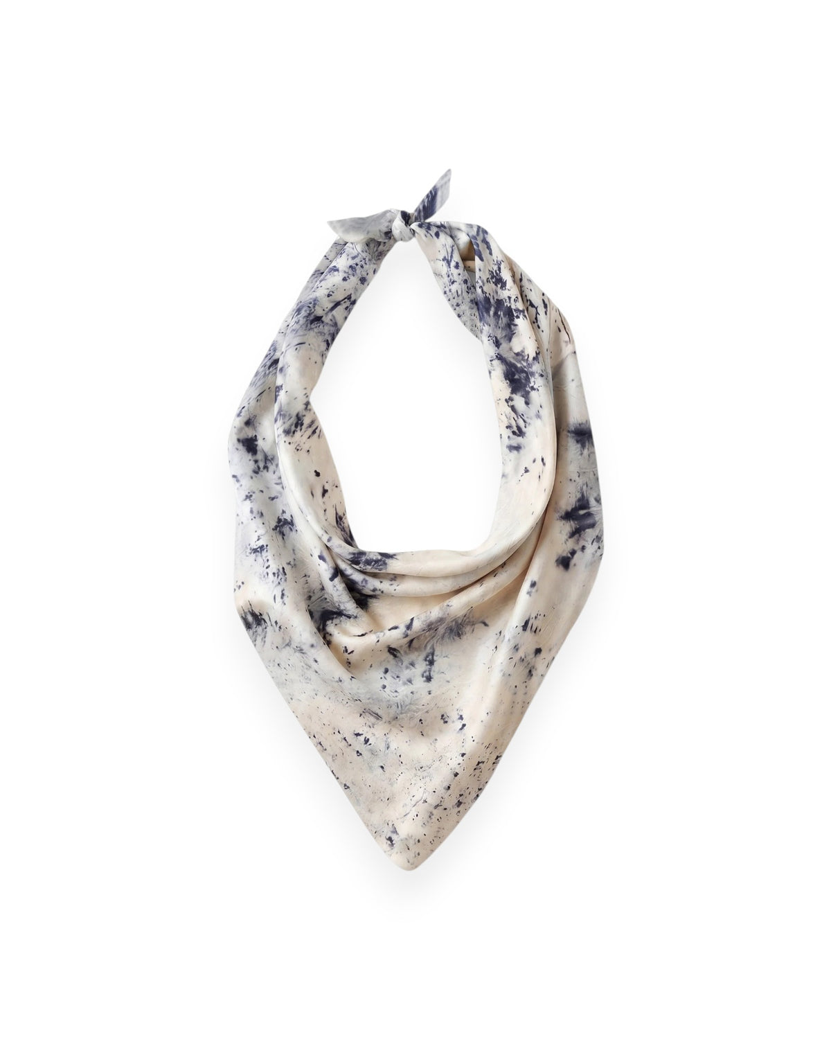 A purple and cream mottled silk scarf tied as a traditional neck scarf on solid white background.