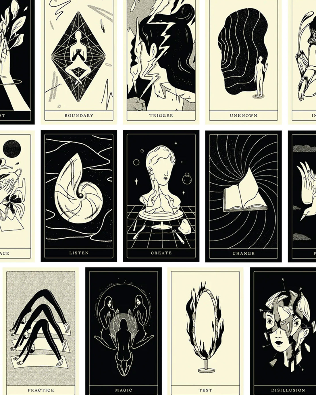 A selection of illustrated cards from the Poesis Oracle Card Deck. 