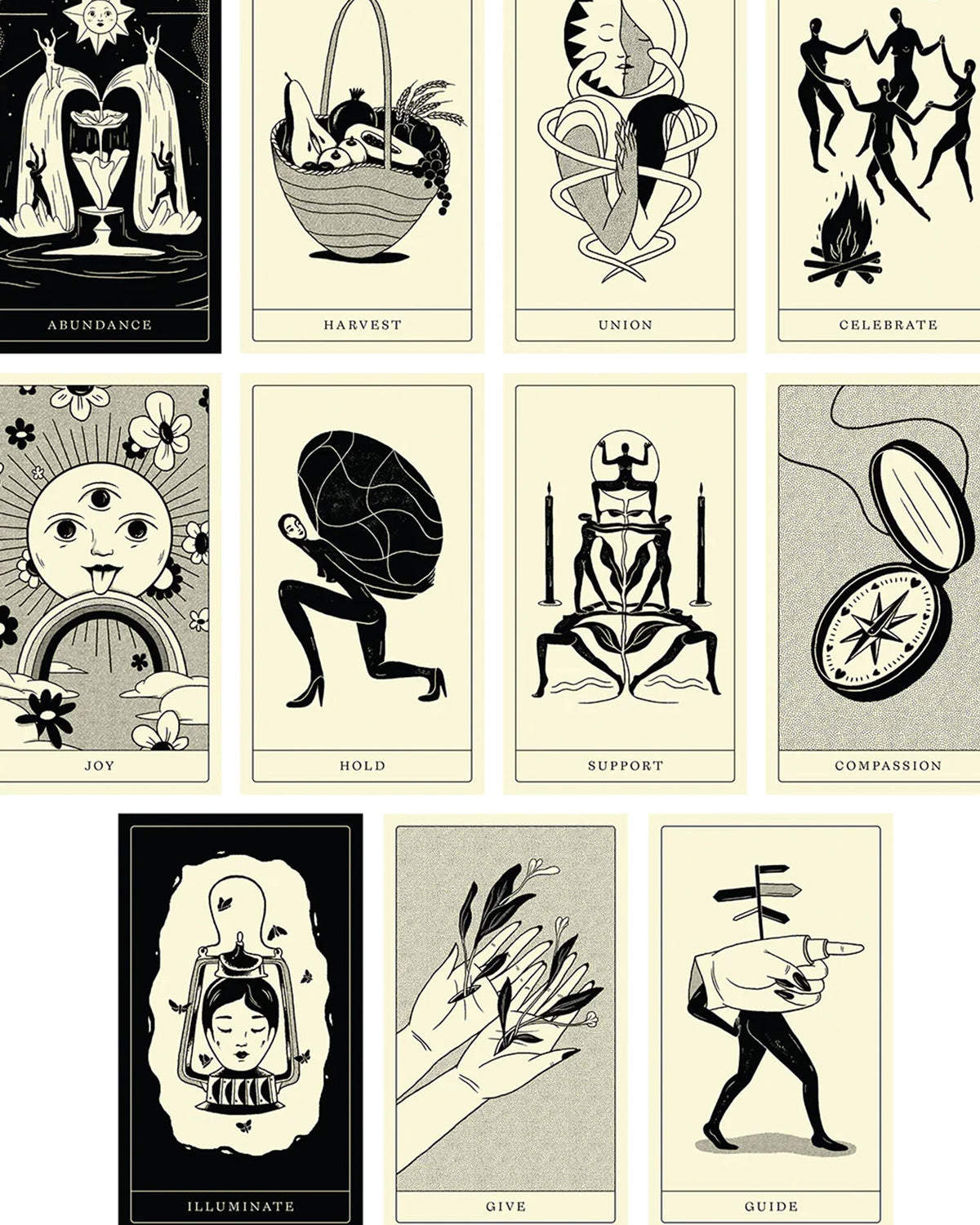 A selection of illustrated cards from the Poesis Oracle Card Deck. 