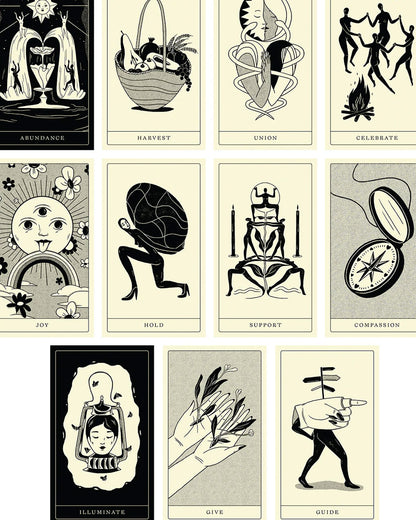A selection of illustrated cards from the Poesis Oracle Card Deck. 