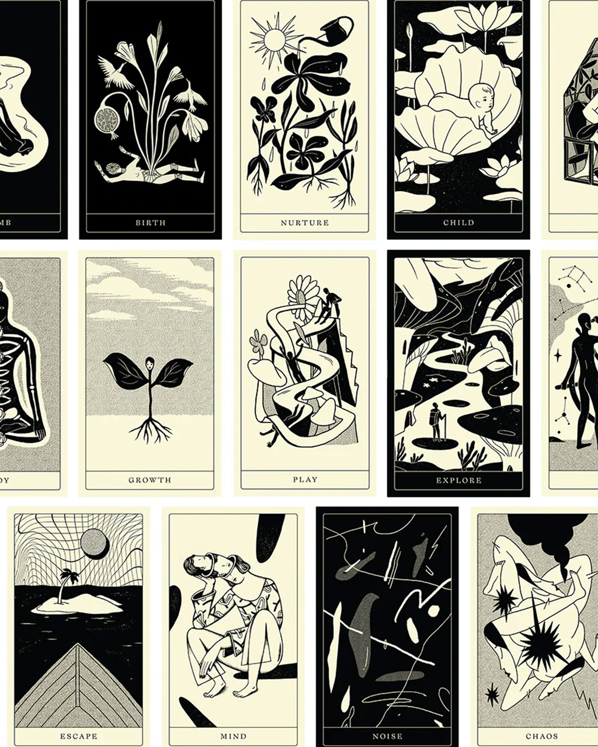 A selection of illustrated cards from the Poesis Oracle Card Deck. 