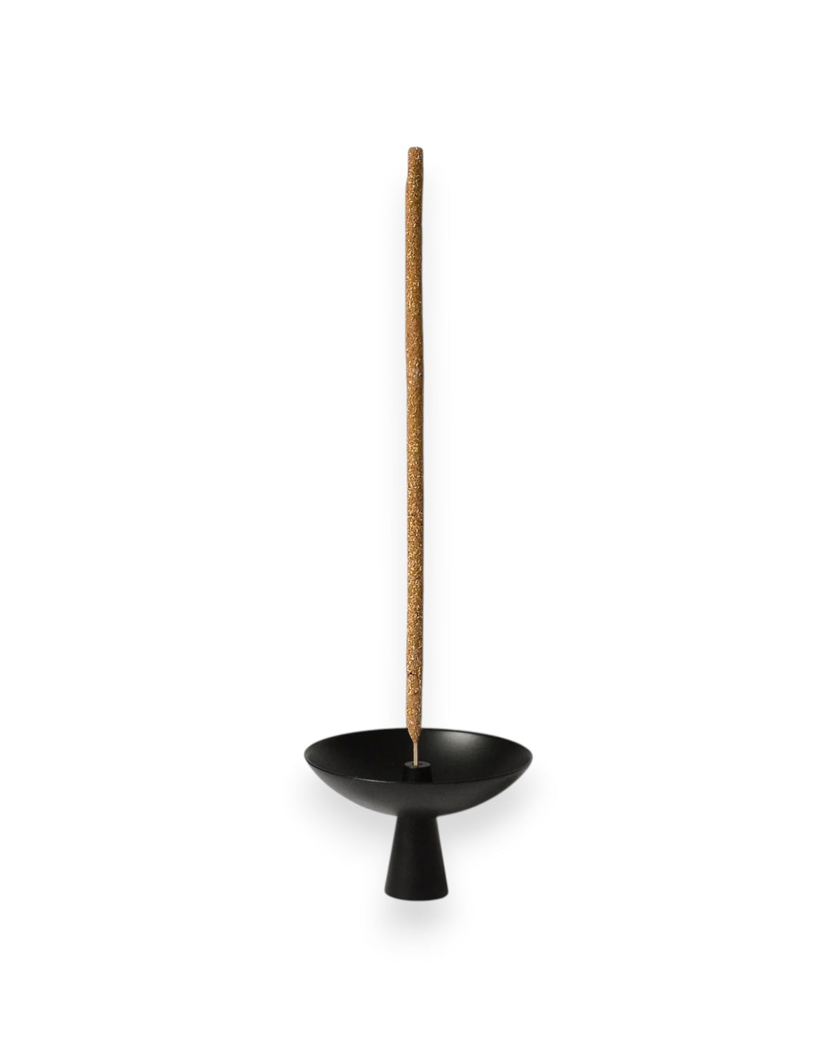 Small black satellite shaped incense holder with a tall brown incense stick standing straight up from the centre. Set against solid white background. 