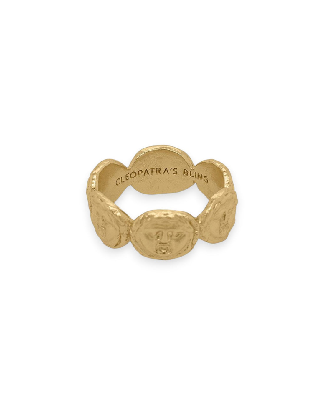 Gold ring with round faces side by side on a solid white background, the inscription shown on the inside back of the ring is the brand&