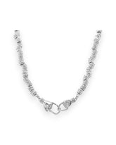 A silver beaded necklace with linking hands as clasps on a white background.