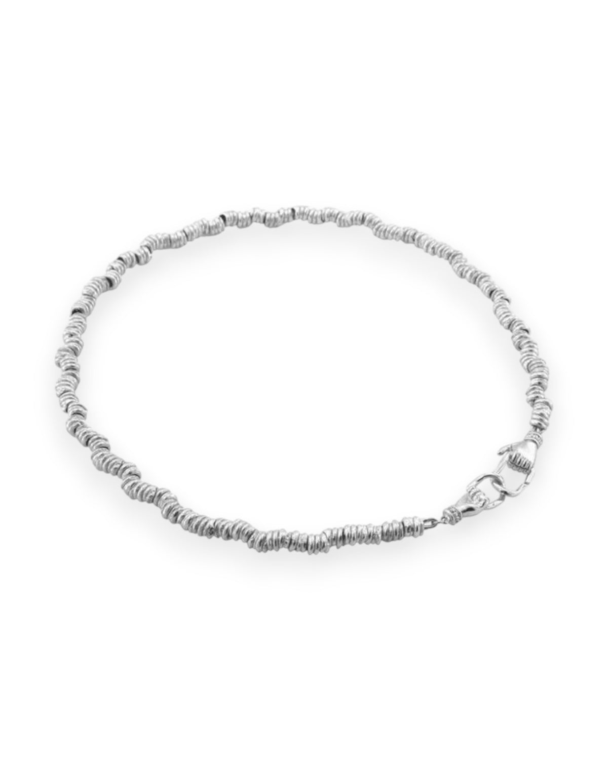 A silver beaded necklace with linking hands as clasps on a white background.