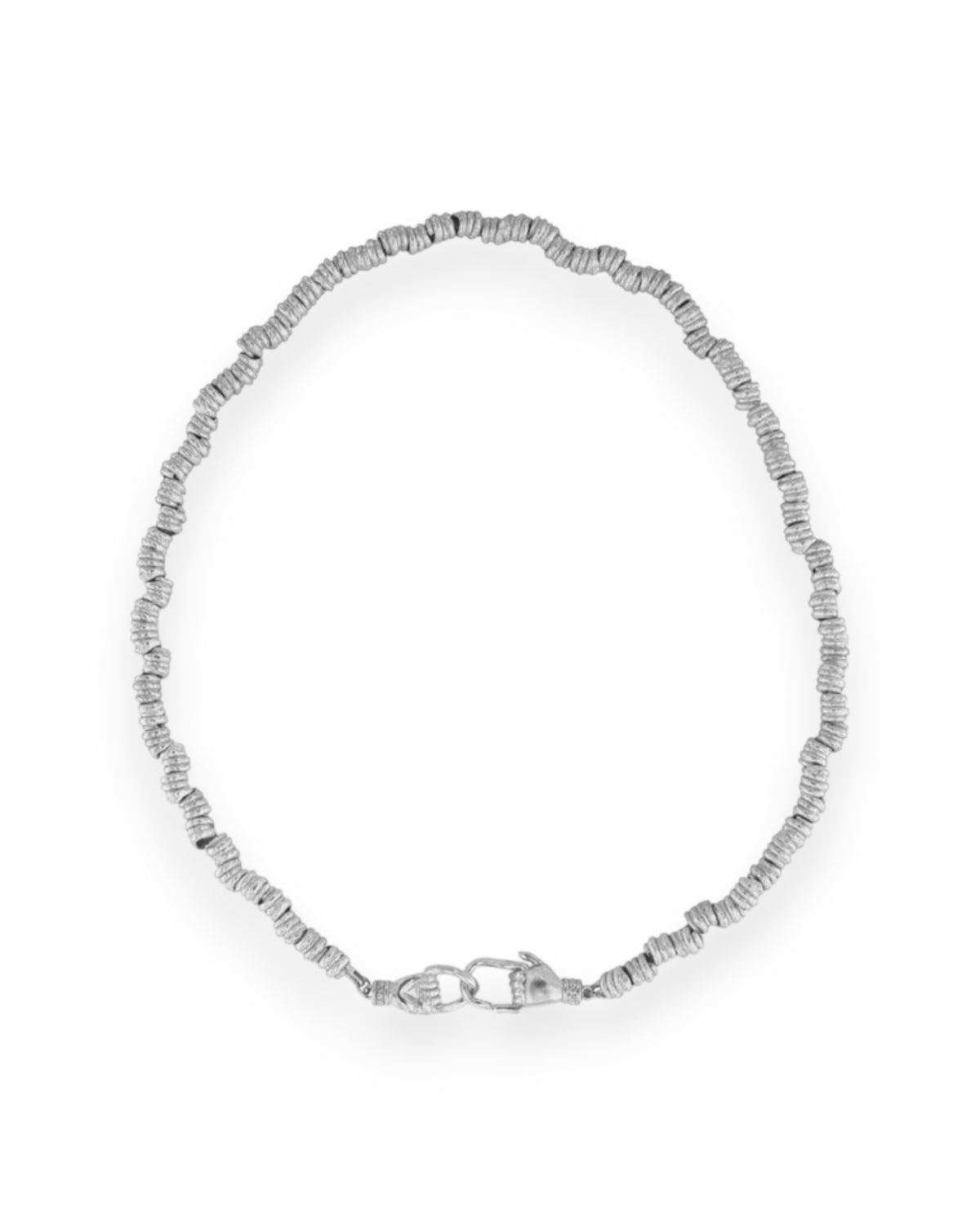 A silver beaded necklace with linking hands as clasps on a white background.