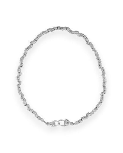 A silver beaded necklace with linking hands as clasps on a white background.