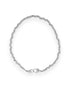 A silver beaded necklace with linking hands as clasps on a white background.