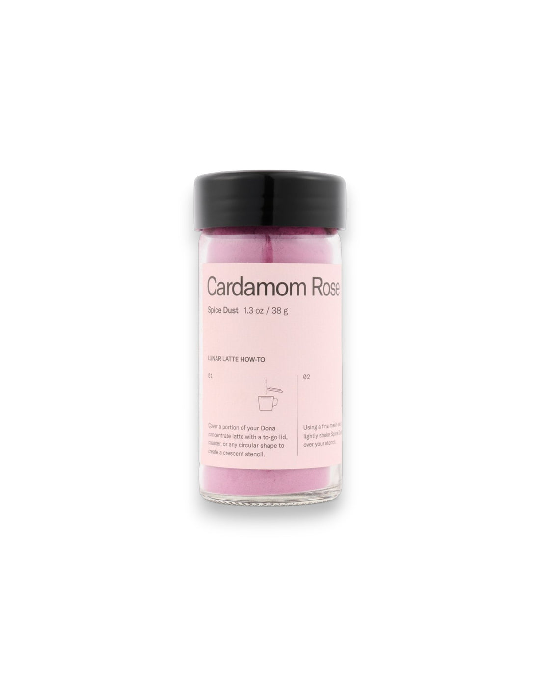 A small clear glass jar of pink powder with a black lid and a light pink label reading &