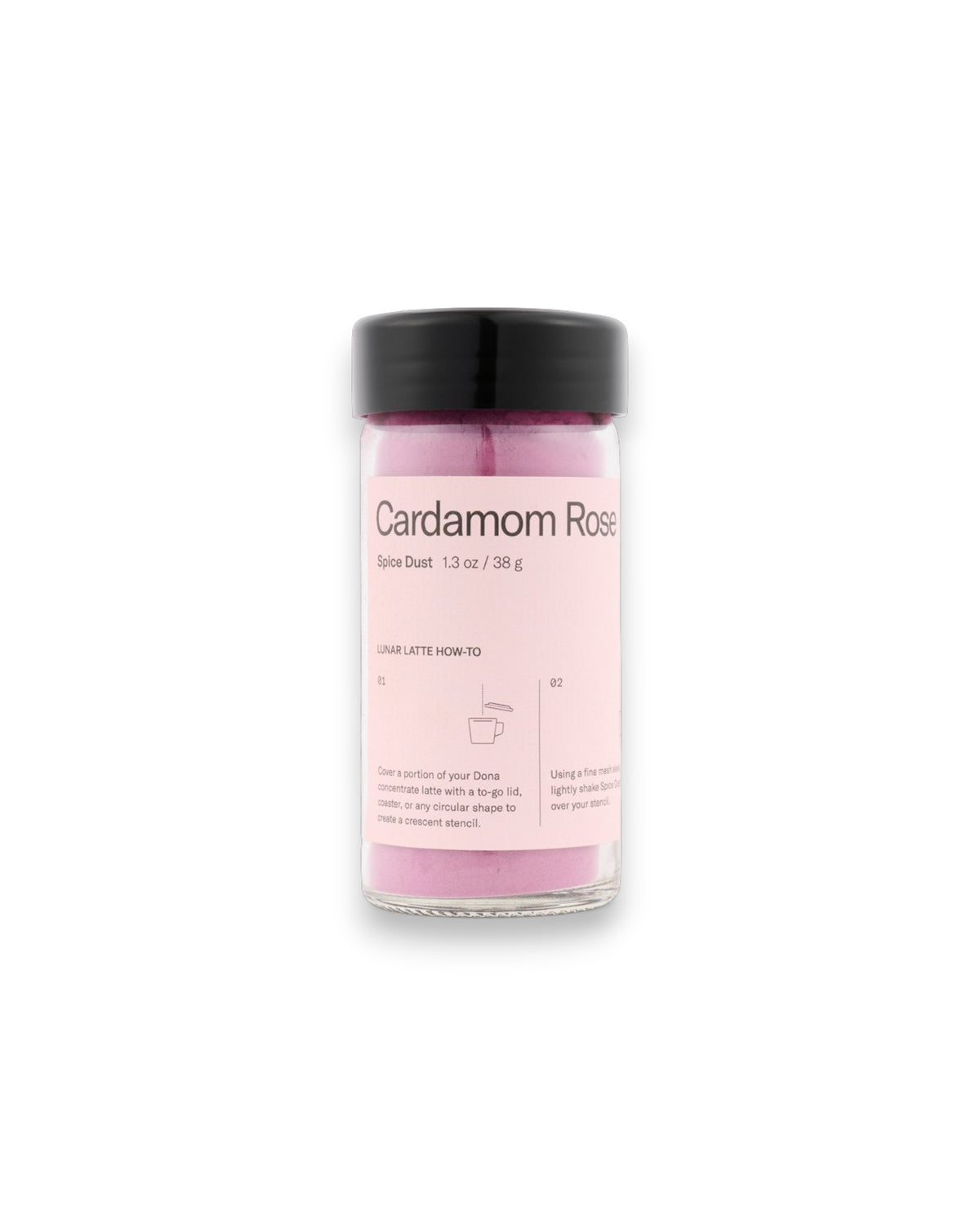 A small clear glass jar of pink powder with a black lid and a light pink label reading &