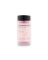 A small clear glass jar of pink powder with a black lid and a light pink label reading &