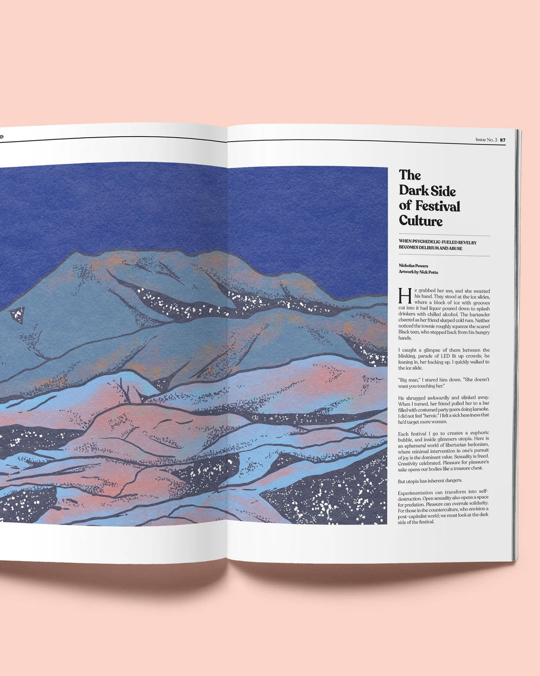 An inside spread of Double Blind magazine issue three featuring a story on &
