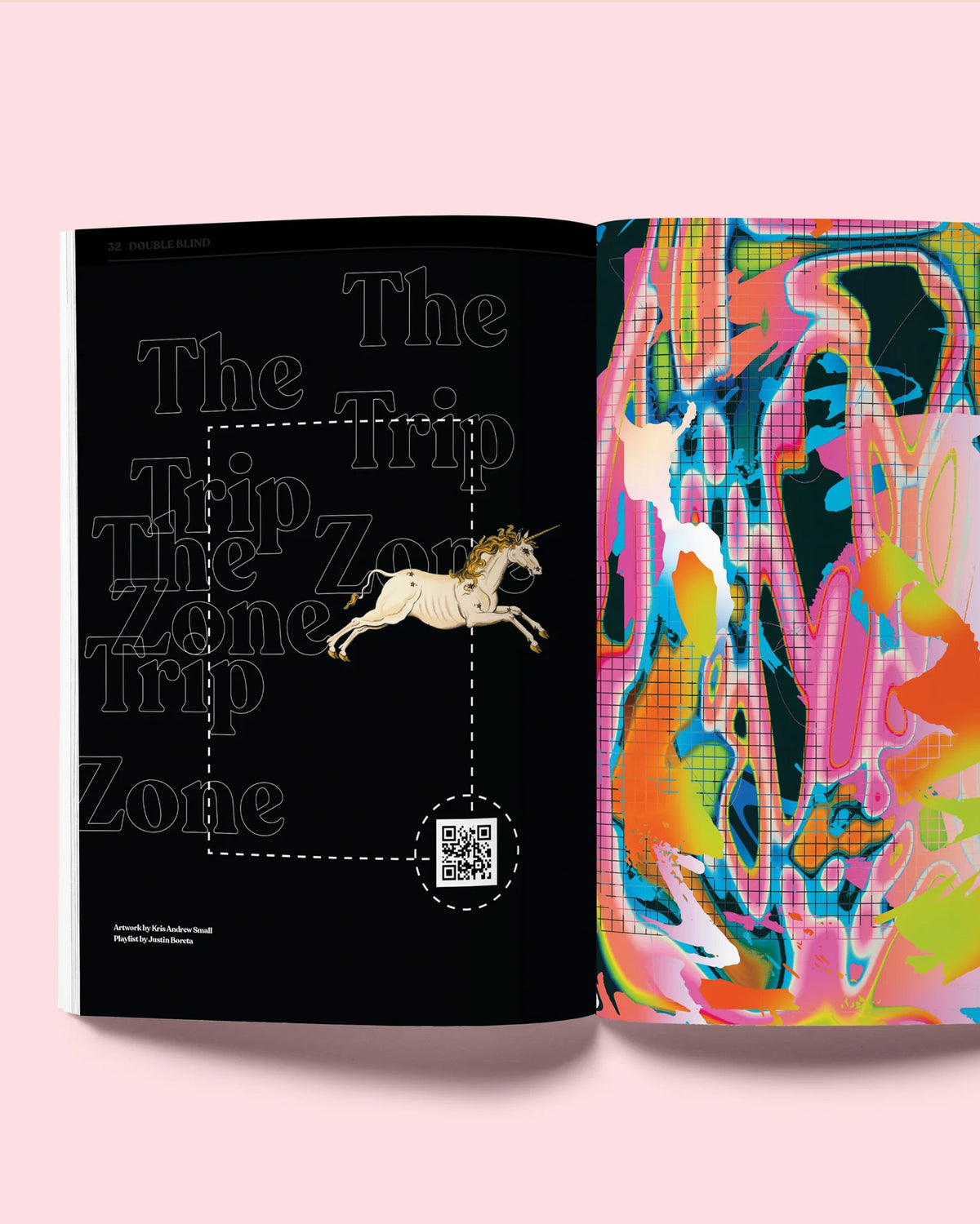 An inside spread of Double Blind magazine issue three, the left side repeats the words &