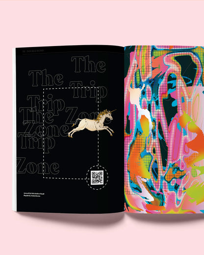 An inside spread of Double Blind magazine issue three, the left side repeats the words &