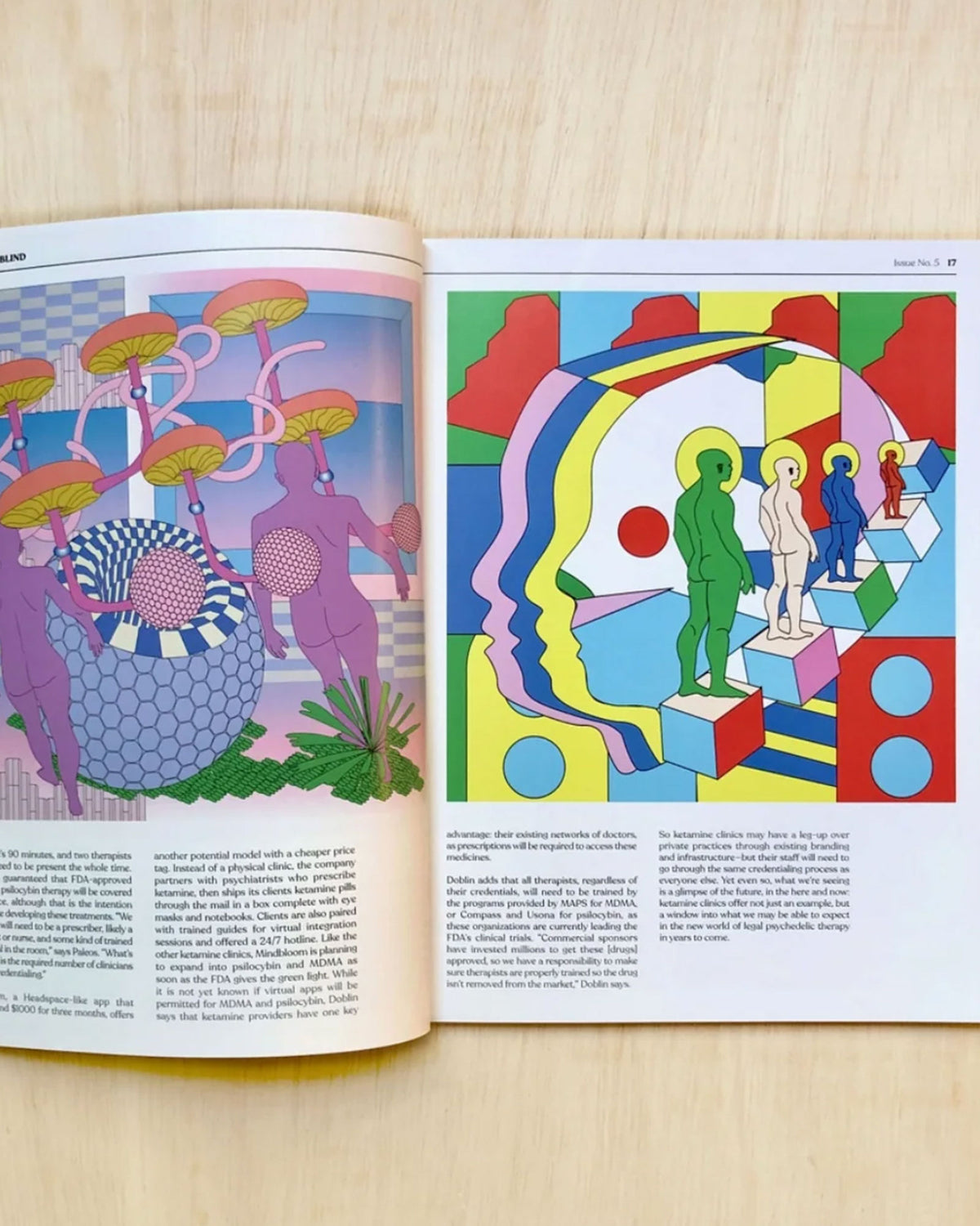 An inside spread of Double Blind magazine issue 5 featuring a story with psychedelic illustrations. 