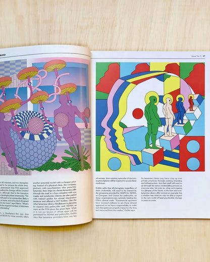 An inside spread of Double Blind magazine issue 5 featuring a story with psychedelic illustrations. 