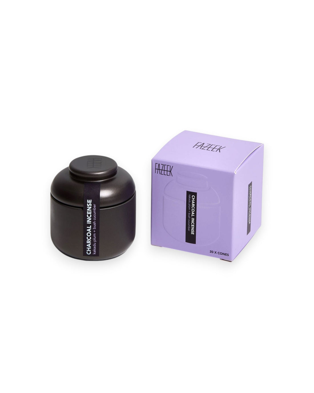 Product shot showing a charcoal-coloured tin canister alongside its cardboard box packaging. Both the tin canister and purple box are labelled "CHARCOAL INCENSE kakadu plum and bush cucumber".