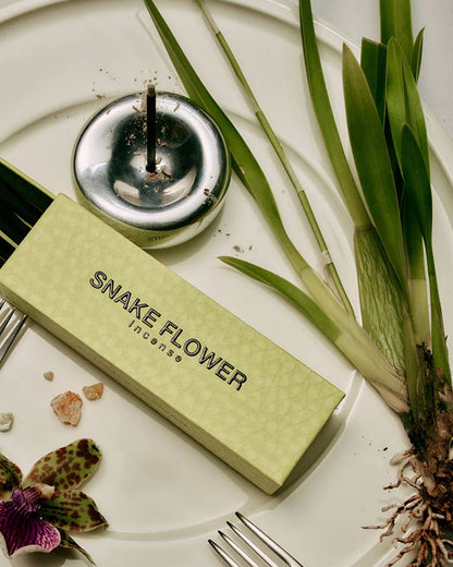 A closeup, aerial view of abstract items on top of a white ceramic dinner plate. A small bowl-shaped chrome incense holder holding a burning incense stick, an opened box of incense titled "SNAKE FLOWER", an orchard flower, a bunch of greenery with the roots in tact and two metal forks. 