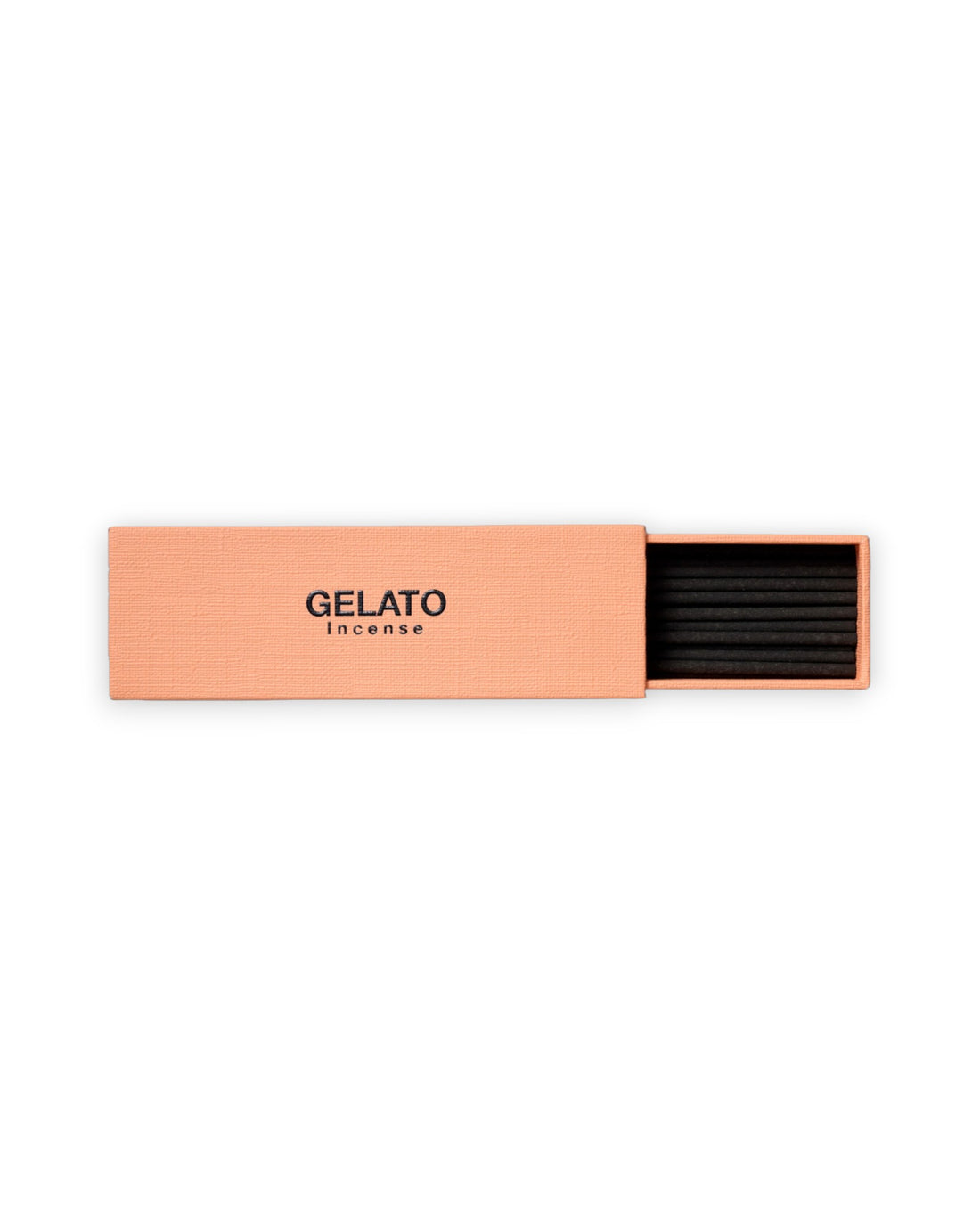 A peach-colored rectangular box of GELATO Incense, partially open to reveal black incense sticks inside, set against a plain white background.