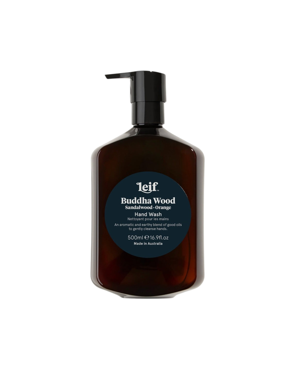 A 500ml dark amber bottle of Leif Buddha Wood Hand Cleanser with a black pump dispenser, set against a plain white background.