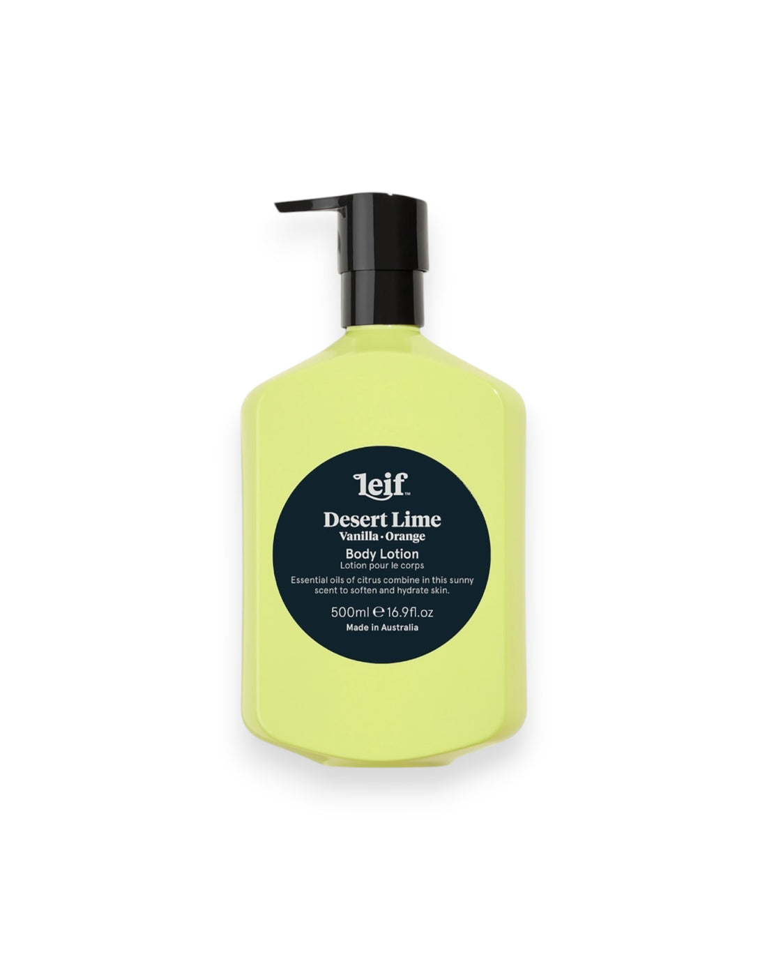 A 500ml pump bottle of Leif Desert Lime Body Lotion, featuring a bright yellow bottle, a black pump dispenser, and a black circular label with white text, set against a plain white background.