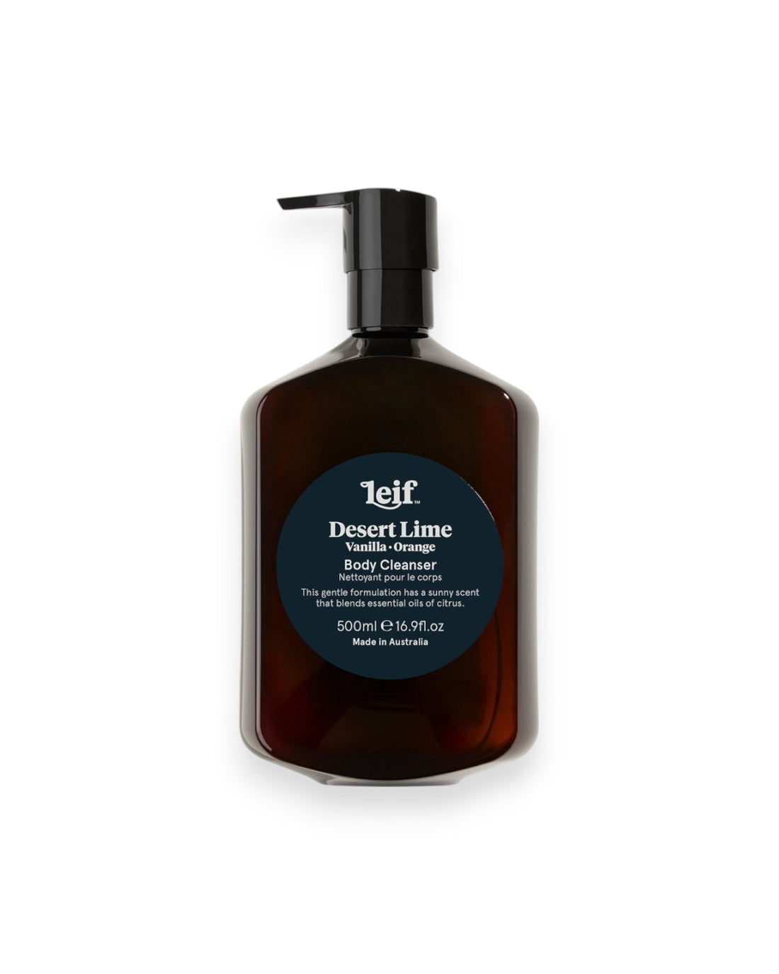 A 500ml dark amber bottle of Leif Desert Lime Body Cleanser with a black pump dispenser, set against a plain white background.