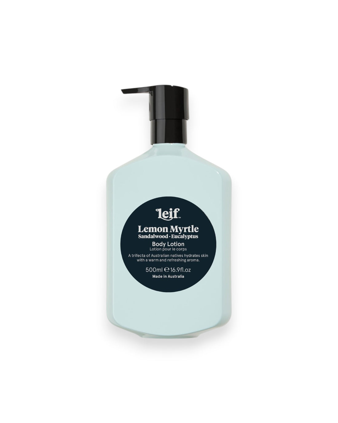 A 500ml bottle of Leif Lemon Myrtle Body Lotion. The bottle is pastel blue with a black pump dispenser and a black circular label featuring white text.