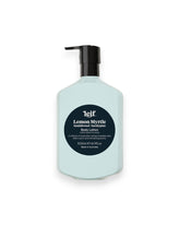 A 500ml bottle of Leif Lemon Myrtle Body Lotion. The bottle is pastel blue with a black pump dispenser and a black circular label featuring white text.