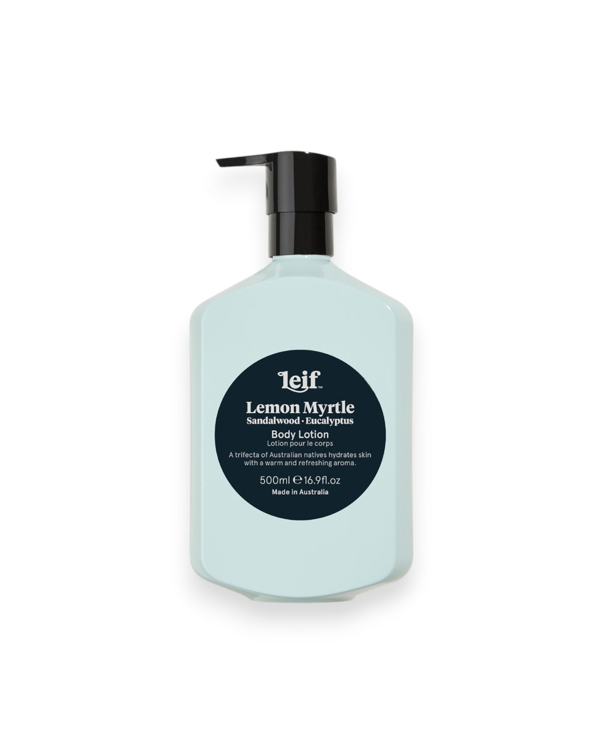 A 500ml bottle of Leif Lemon Myrtle Body Lotion. The bottle is pastel blue with a black pump dispenser and a black circular label featuring white text.